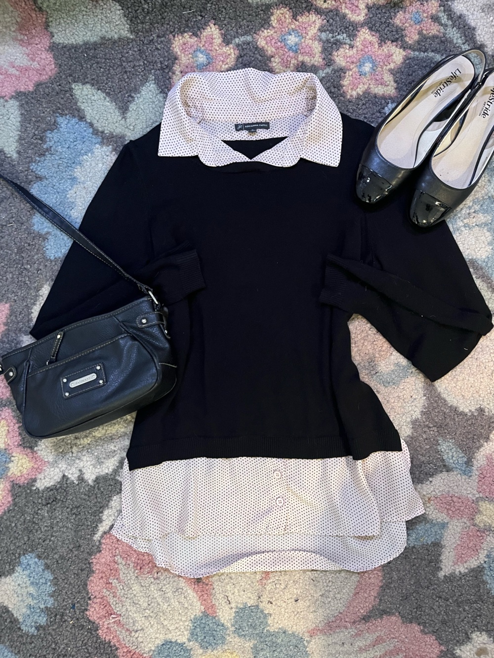 Adrianna Papell Black Sweater with Pale Pink Polka Dot Collar